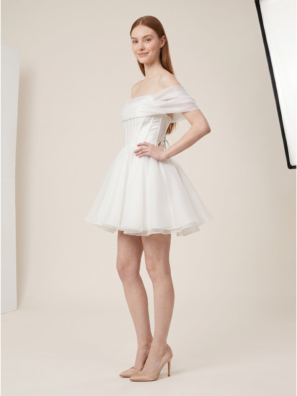 White Tulle A-Line Off-the-Shoulder Corset Back Mini  wedding dress