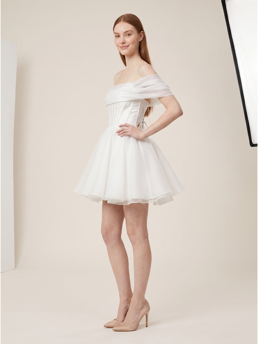 White Tulle A-Line Off-the-Shoulder Corset Back Mini  wedding dress