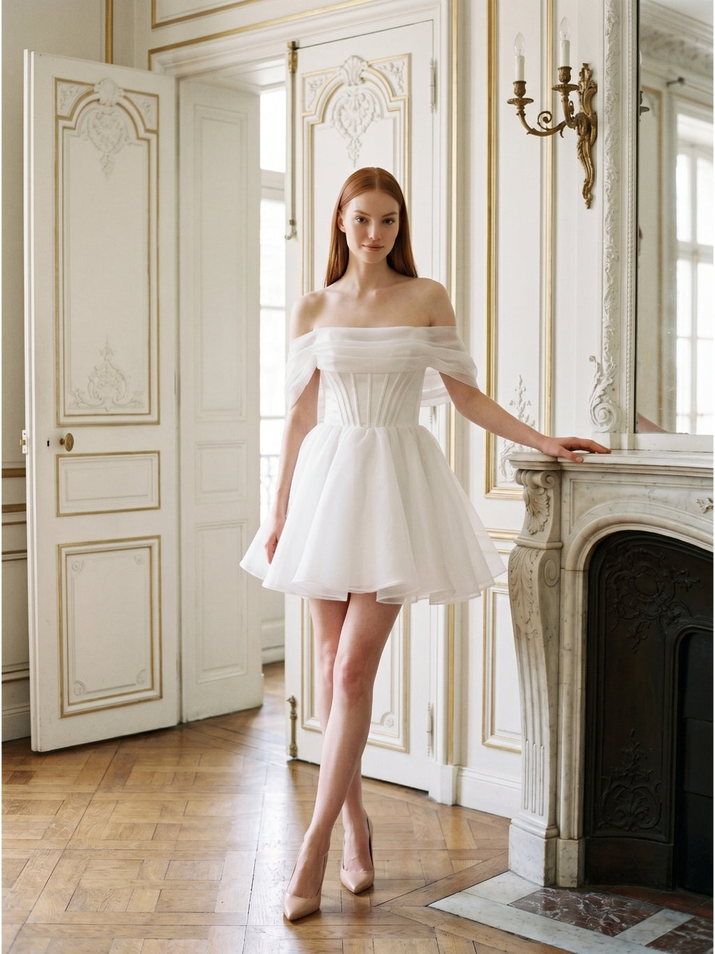 White Tulle A-Line Off-the-Shoulder Corset Back Mini  wedding dress