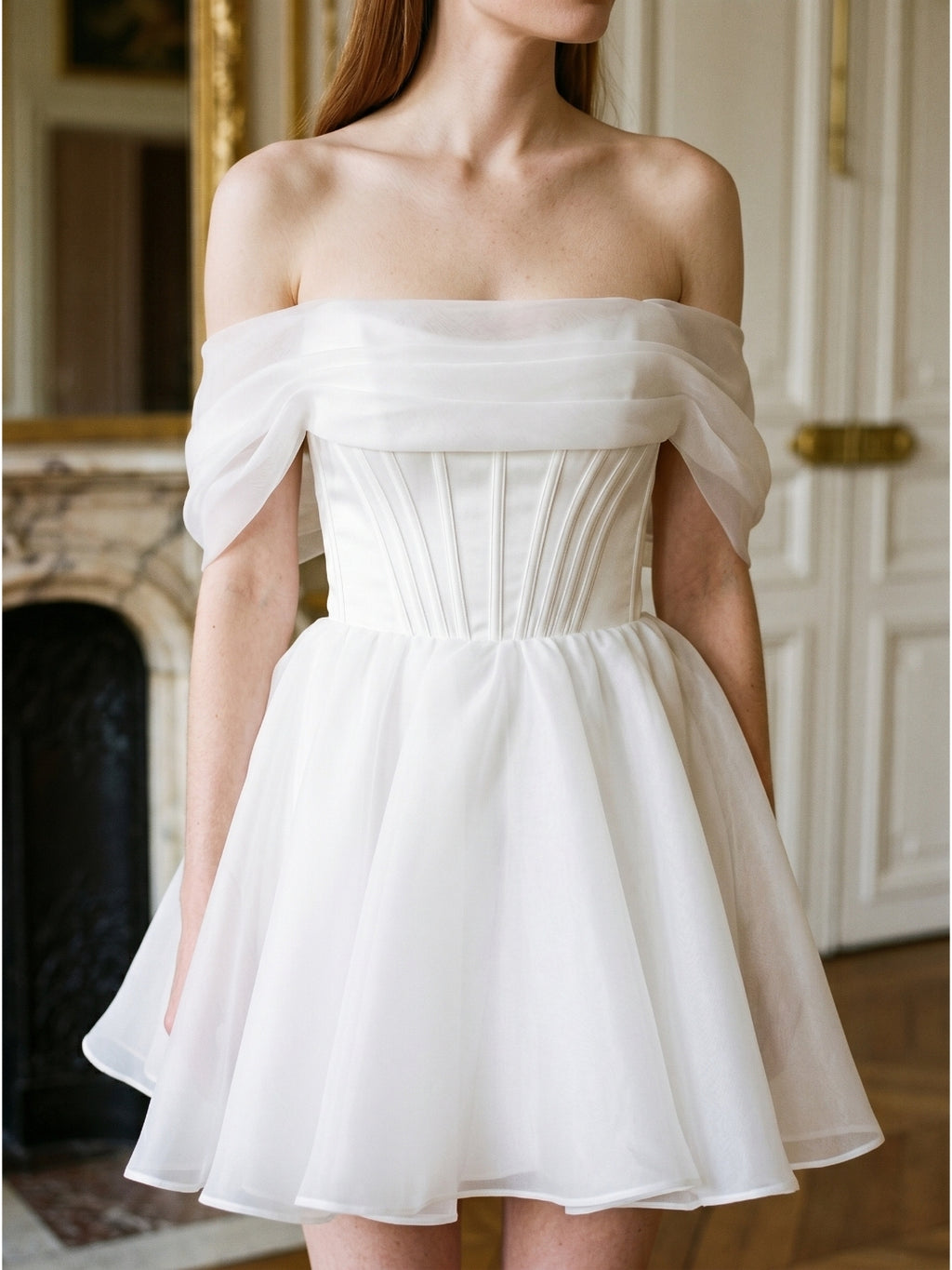 White Tulle A-Line Off-the-Shoulder Corset Back Mini  wedding dress