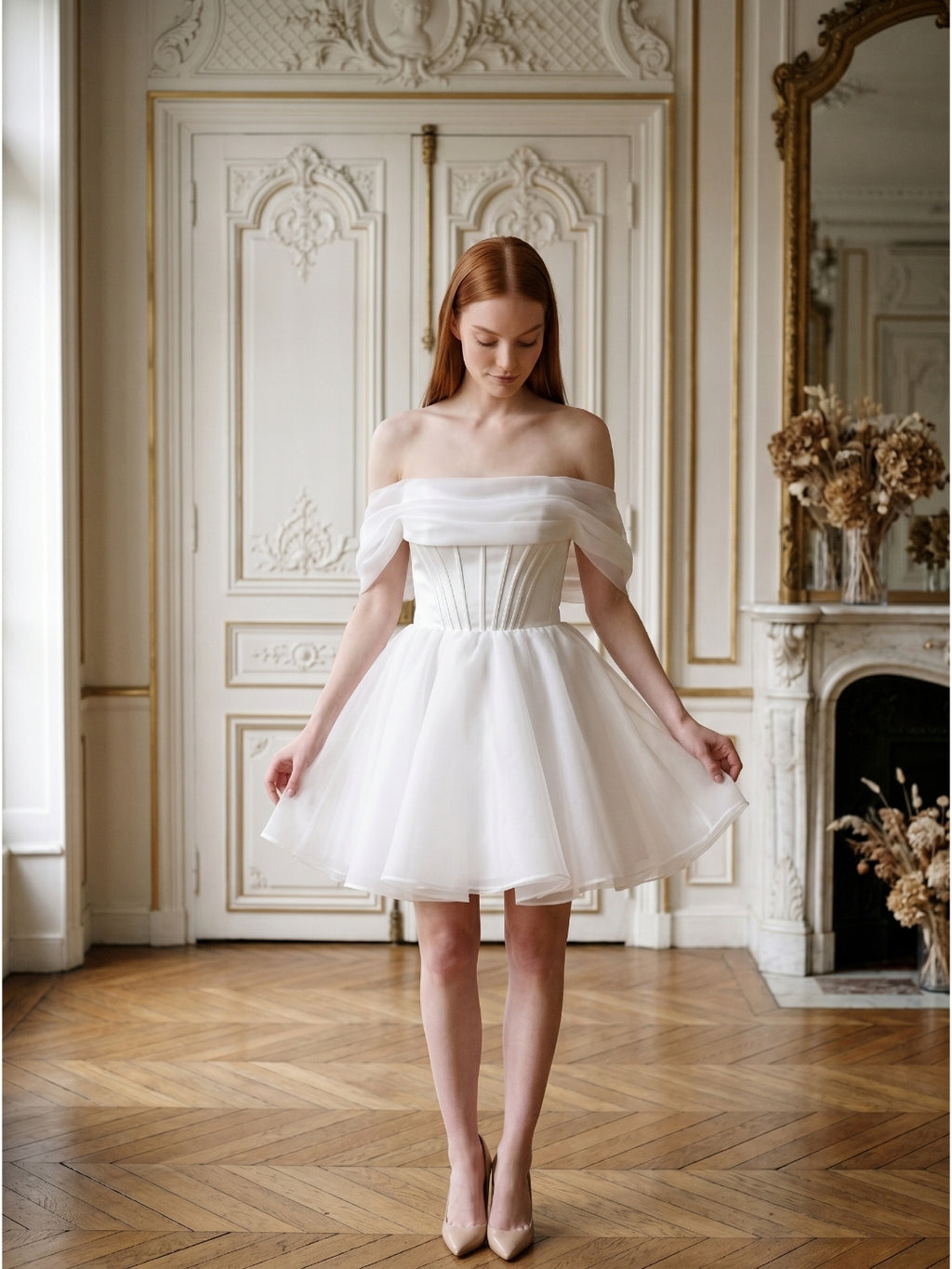 White Tulle A-Line Off-the-Shoulder Corset Back Mini  wedding dress