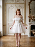 White Tulle A-Line Off-the-Shoulder Corset Back Mini  wedding dress