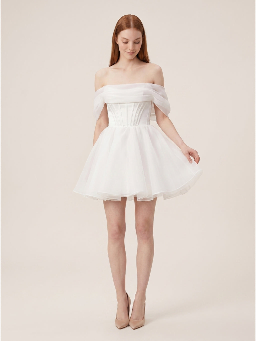White Tulle A-Line Off-the-Shoulder Corset Back Mini  wedding dress