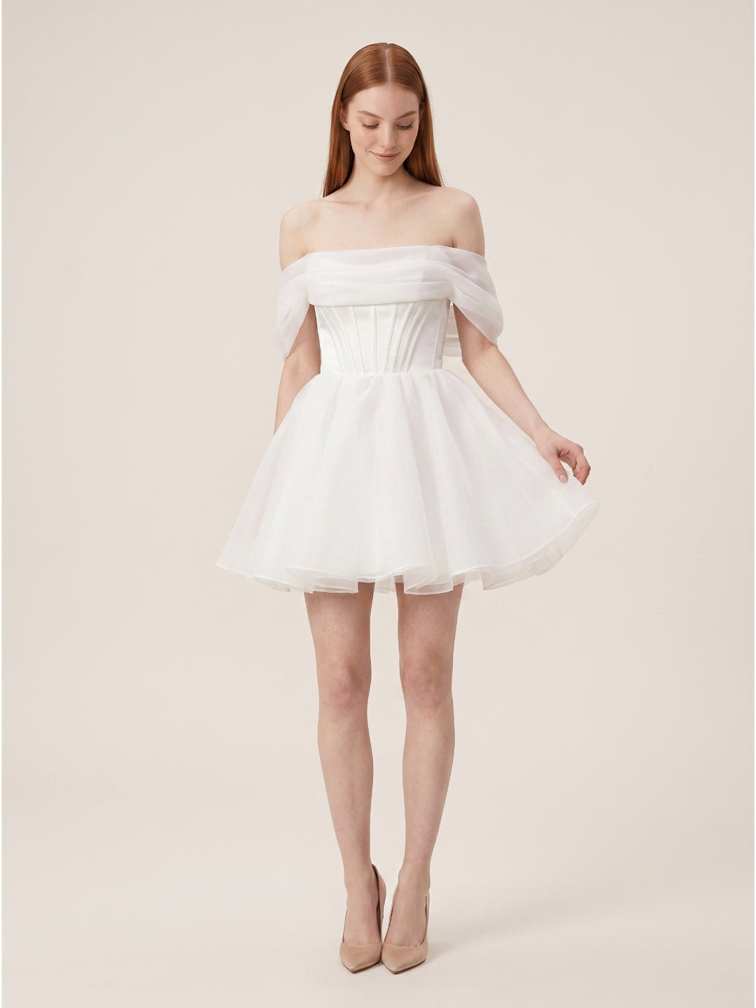 White Tulle A-Line Off-the-Shoulder Corset Back Mini  wedding dress