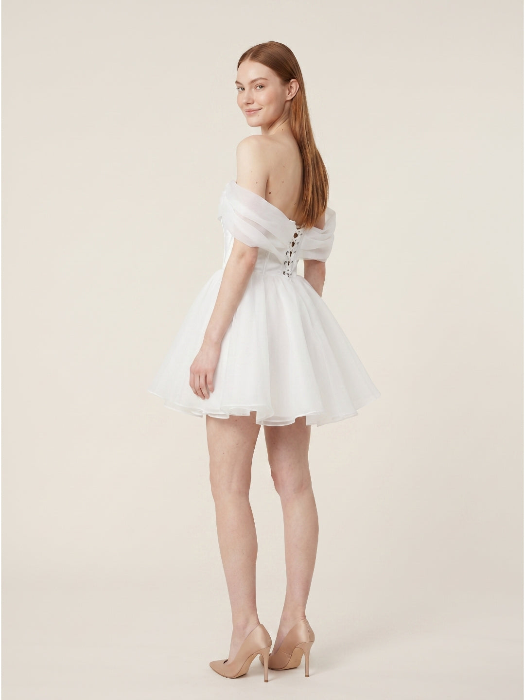 White Tulle A-Line Off-the-Shoulder Corset Back Mini  wedding dress