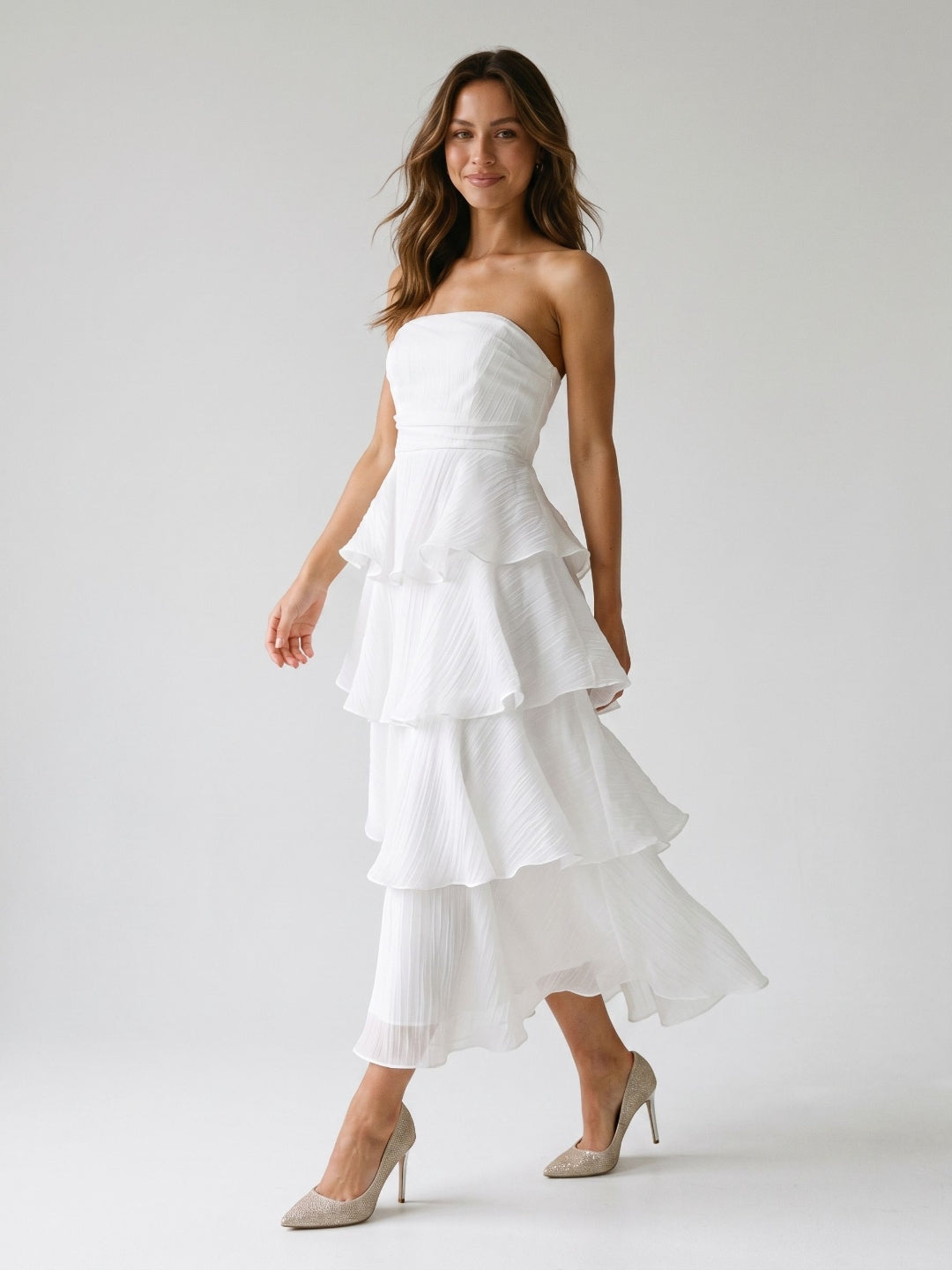 White Tulle A-Line Straight Neck Back Zip Ankle-Length Evening Dress with Cascading Ruffles