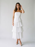 White Tulle A-Line Straight Neck Back Zip Ankle-Length Evening Dress with Cascading Ruffles