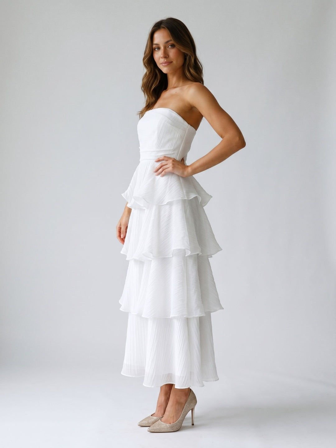White Tulle A-Line Straight Neck Back Zip Ankle-Length Evening Dress with Cascading Ruffles