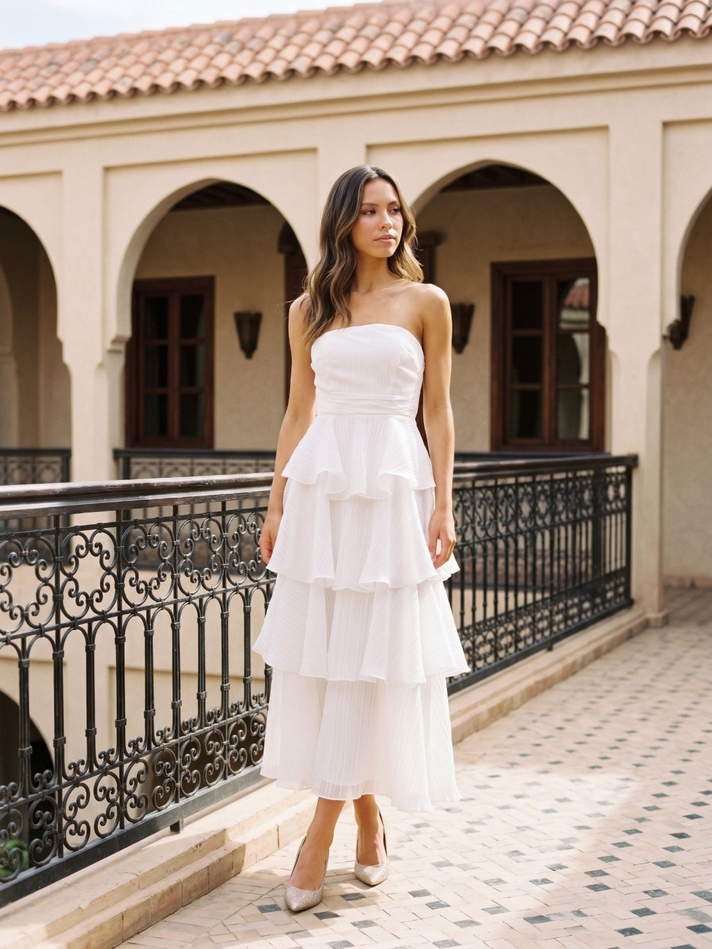 White Tulle A-Line Straight Neck Back Zip Ankle-Length Evening Dress with Cascading Ruffles