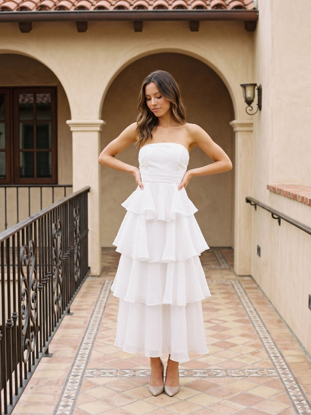 White Tulle A-Line Straight Neck Back Zip Ankle-Length Evening Dress with Cascading Ruffles