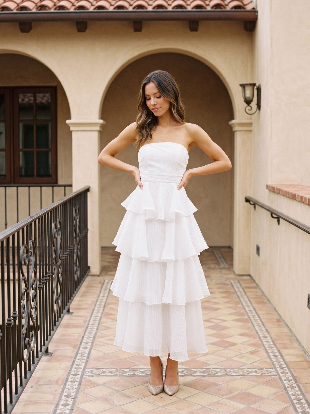 White Tulle A-Line Straight Neck Back Zip Ankle-Length Evening Dress with Cascading Ruffles