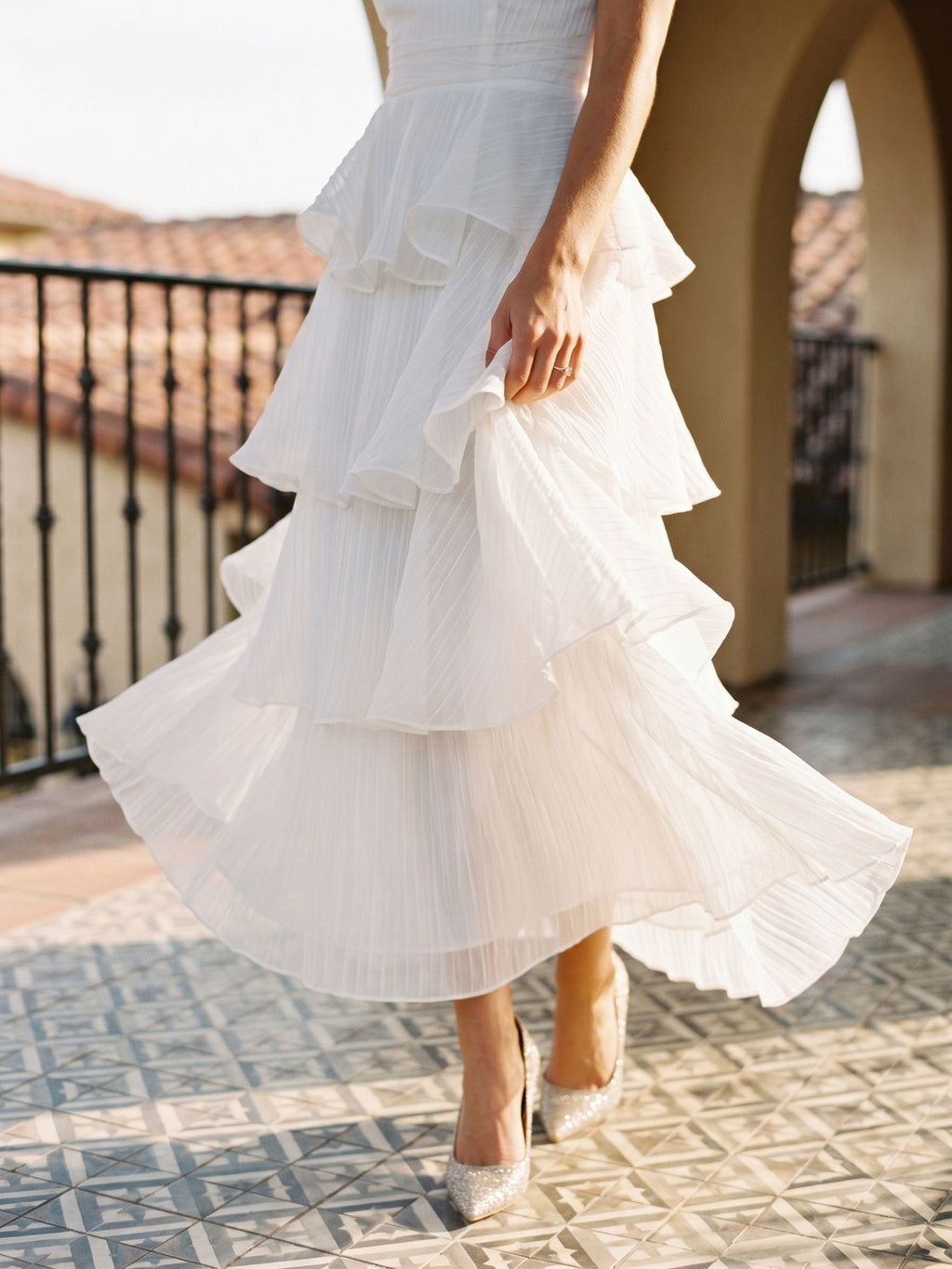 White Tulle A-Line Straight Neck Back Zip Ankle-Length Evening Dress with Cascading Ruffles