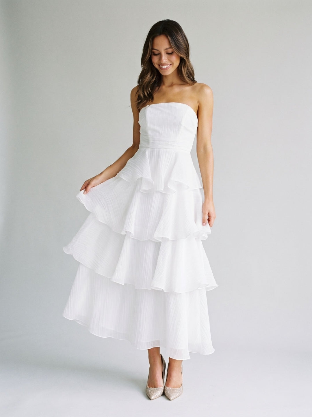 White Tulle A-Line Straight Neck Back Zip Ankle-Length Evening Dress with Cascading Ruffles