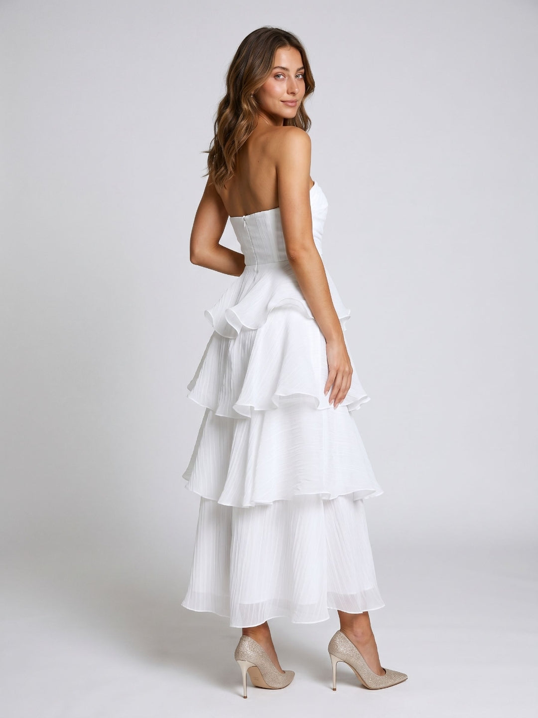 White Tulle A-Line Straight Neck Back Zip Ankle-Length Evening Dress with Cascading Ruffles