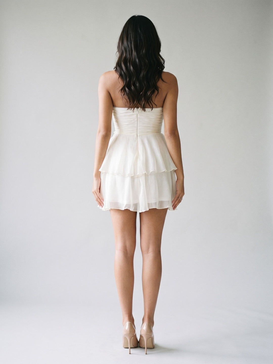 White Tulle A-Line Straight Neck Back Zip Short Dress with Cascading Ruffles