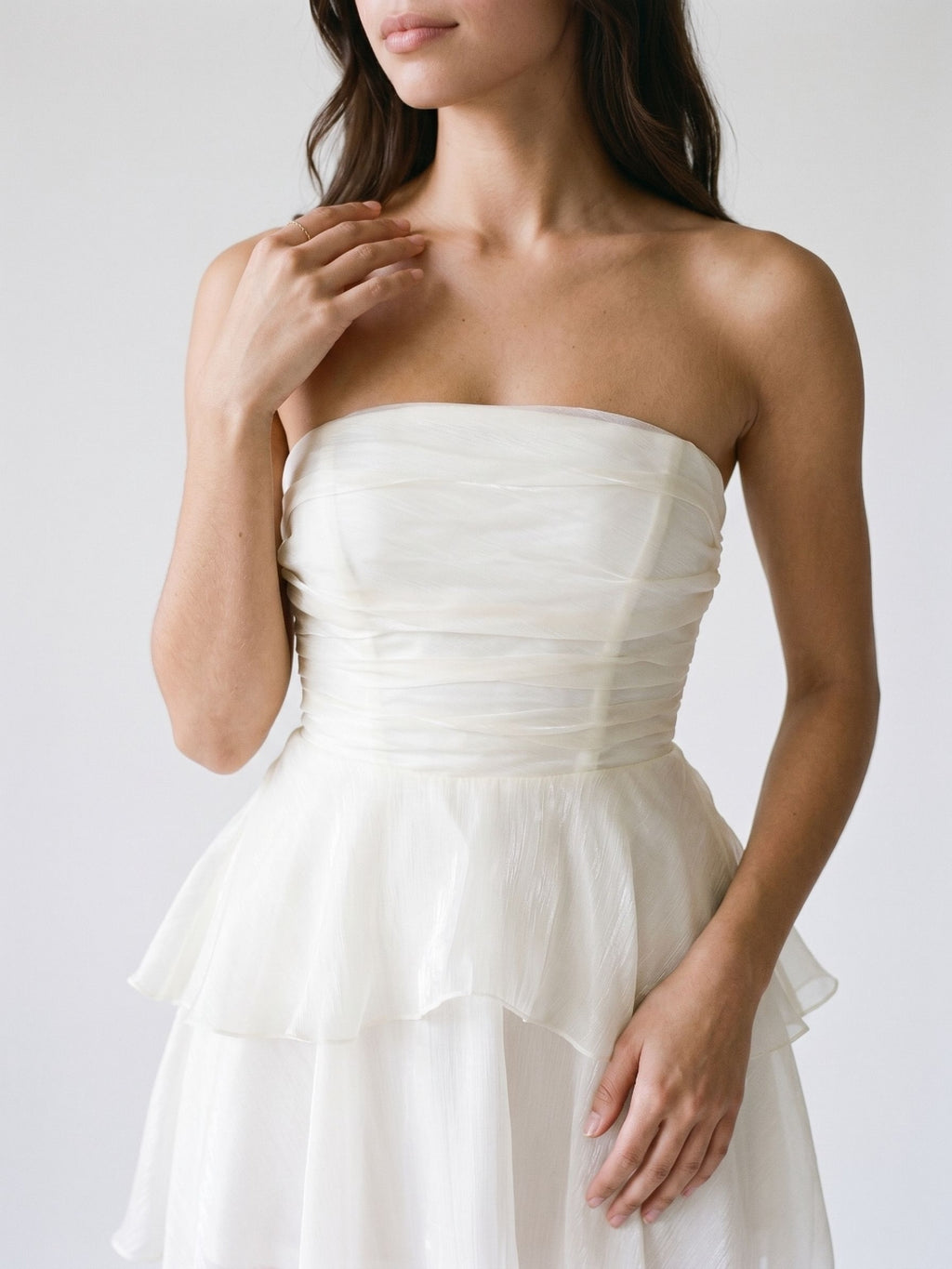 White Tulle A-Line Straight Neck Back Zip Short Dress with Cascading Ruffles
