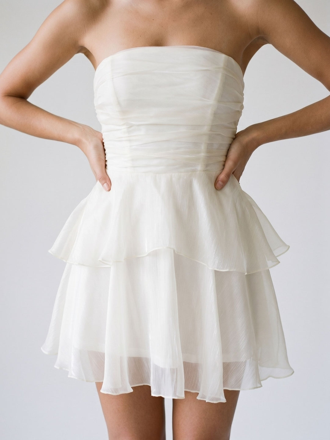 White Tulle A-Line Straight Neck Back Zip Short Dress with Cascading Ruffles