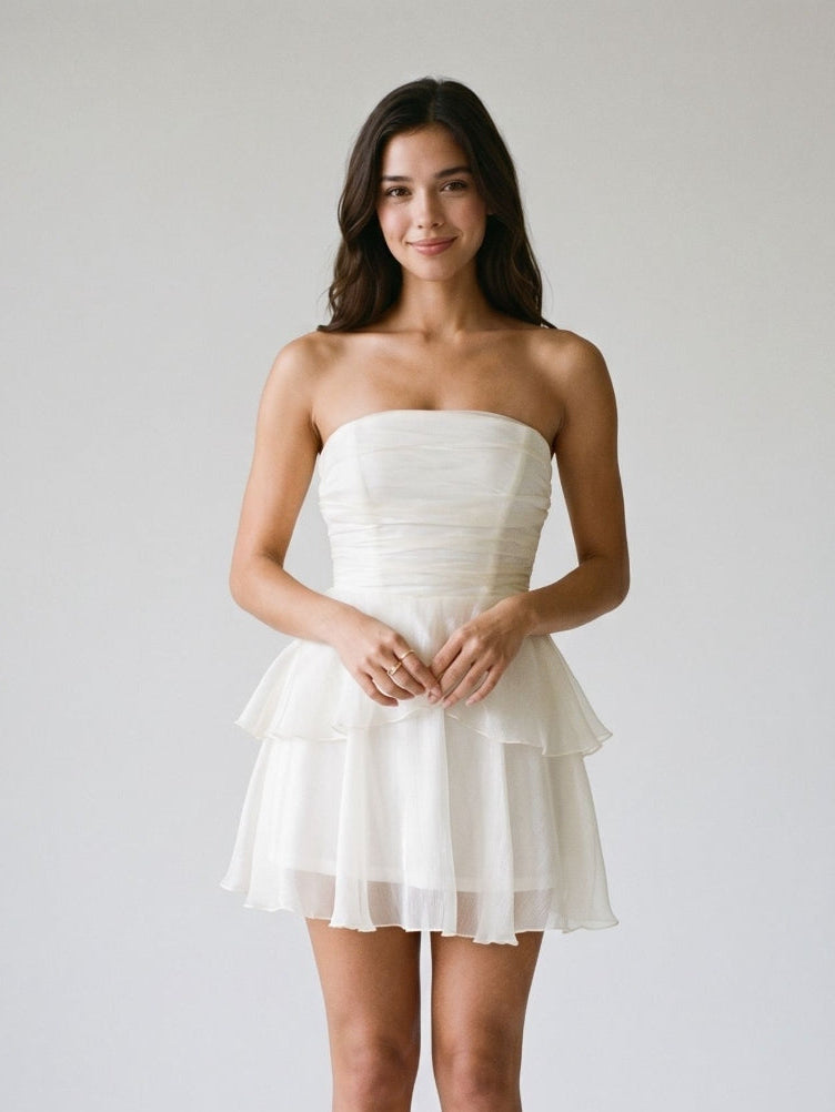 White Tulle A-Line Straight Neck Back Zip Short Dress with Cascading Ruffles