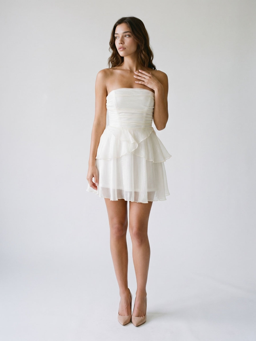 White Tulle A-Line Straight Neck Back Zip Short Dress with Cascading Ruffles
