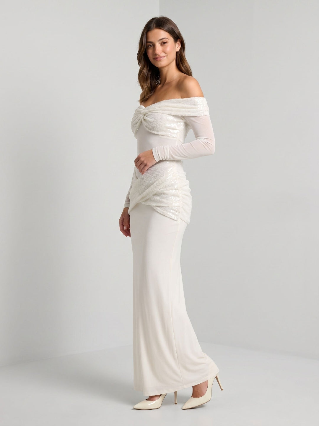 White Tulle Column Off-the-Shoulder Backless Floor-Length Formal Dress with Sequins