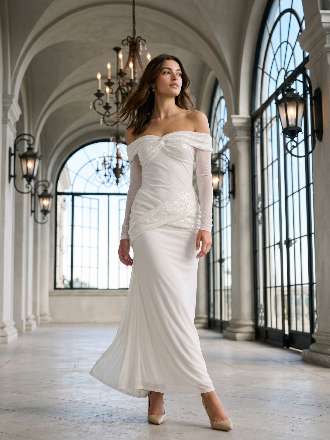 White Tulle Column Off-the-Shoulder Backless Floor-Length Formal Dress with Sequins