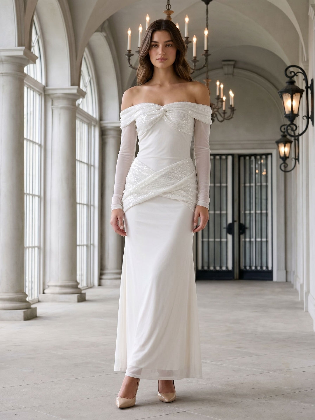 White Tulle Column Off-the-Shoulder Backless Floor-Length Formal Dress with Sequins