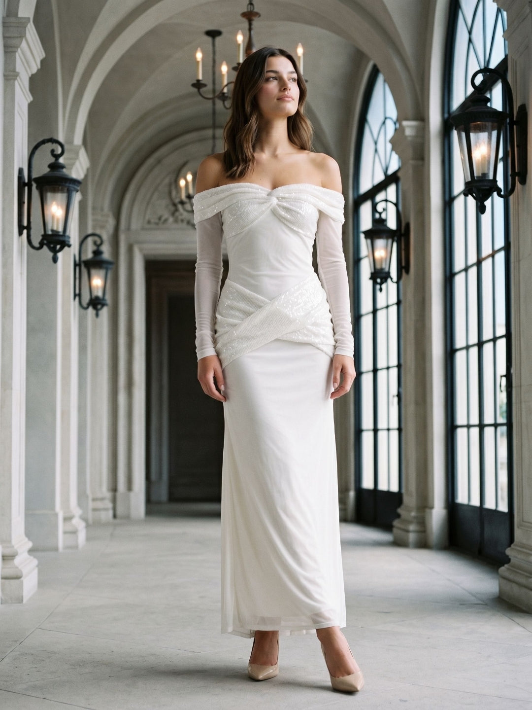 White Tulle Column Off-the-Shoulder Backless Floor-Length Formal Dress with Sequins