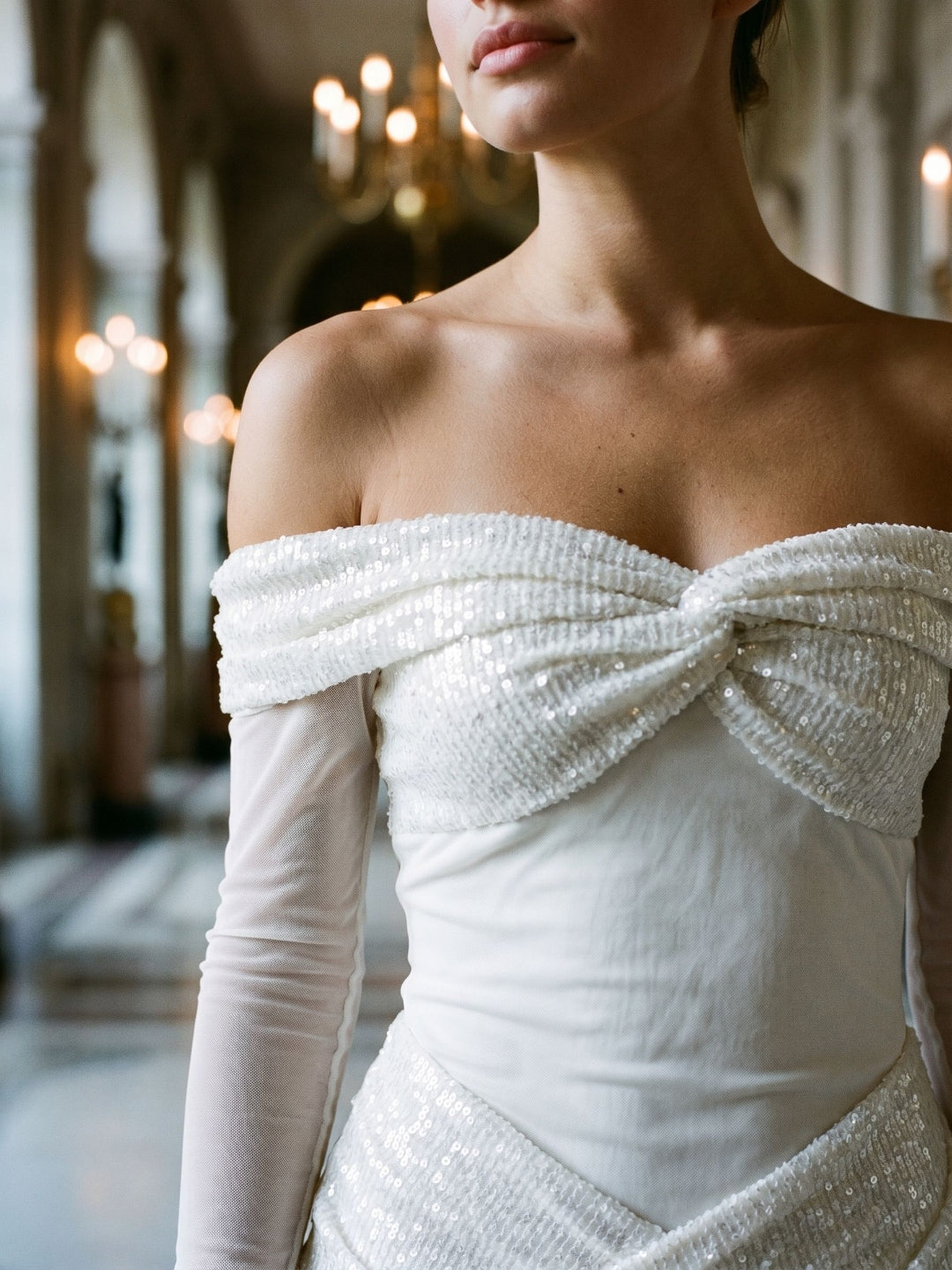 White Tulle Column Off-the-Shoulder Backless Floor-Length Formal Dress with Sequins