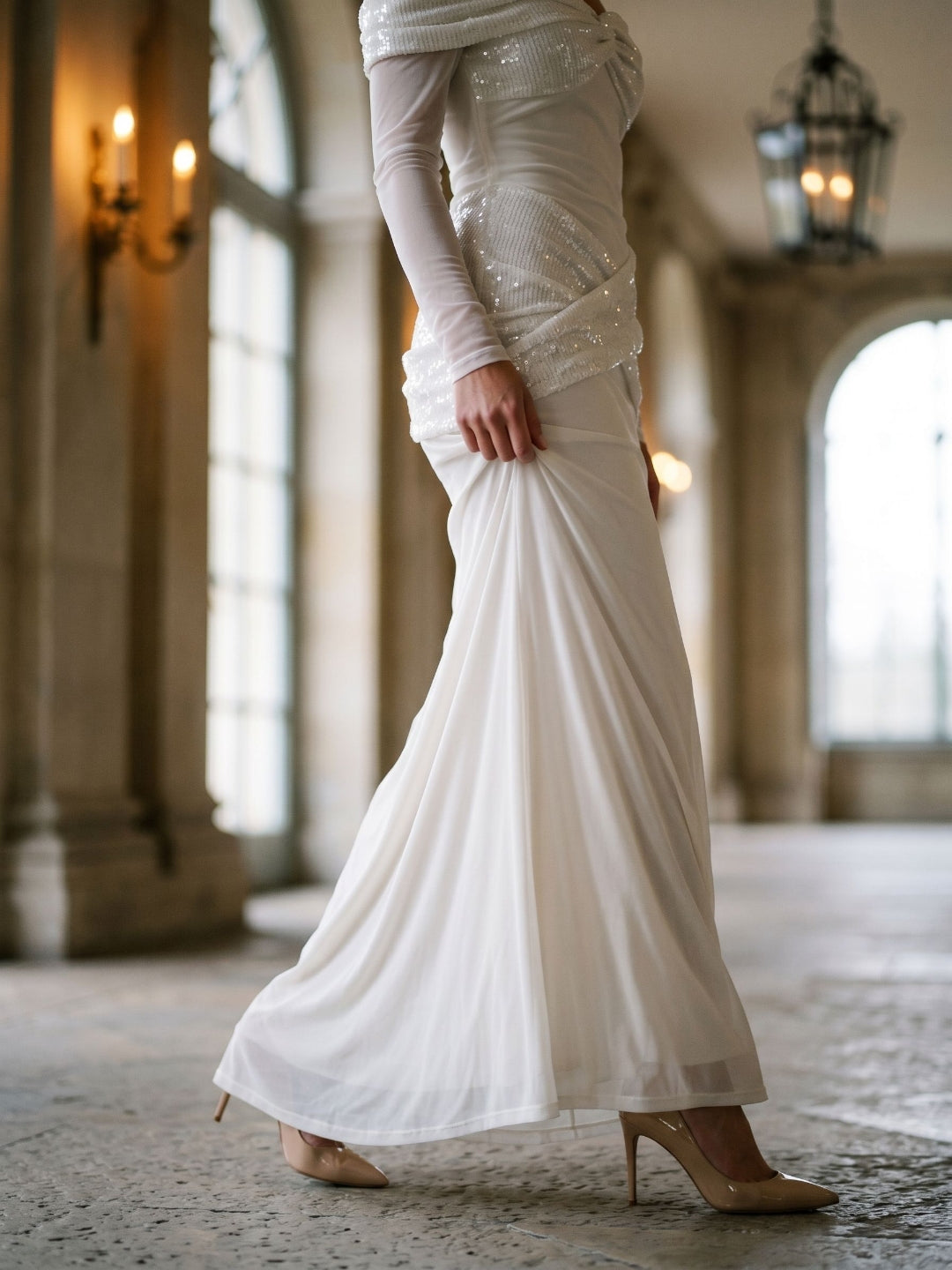White Tulle Column Off-the-Shoulder Backless Floor-Length Formal Dress with Sequins