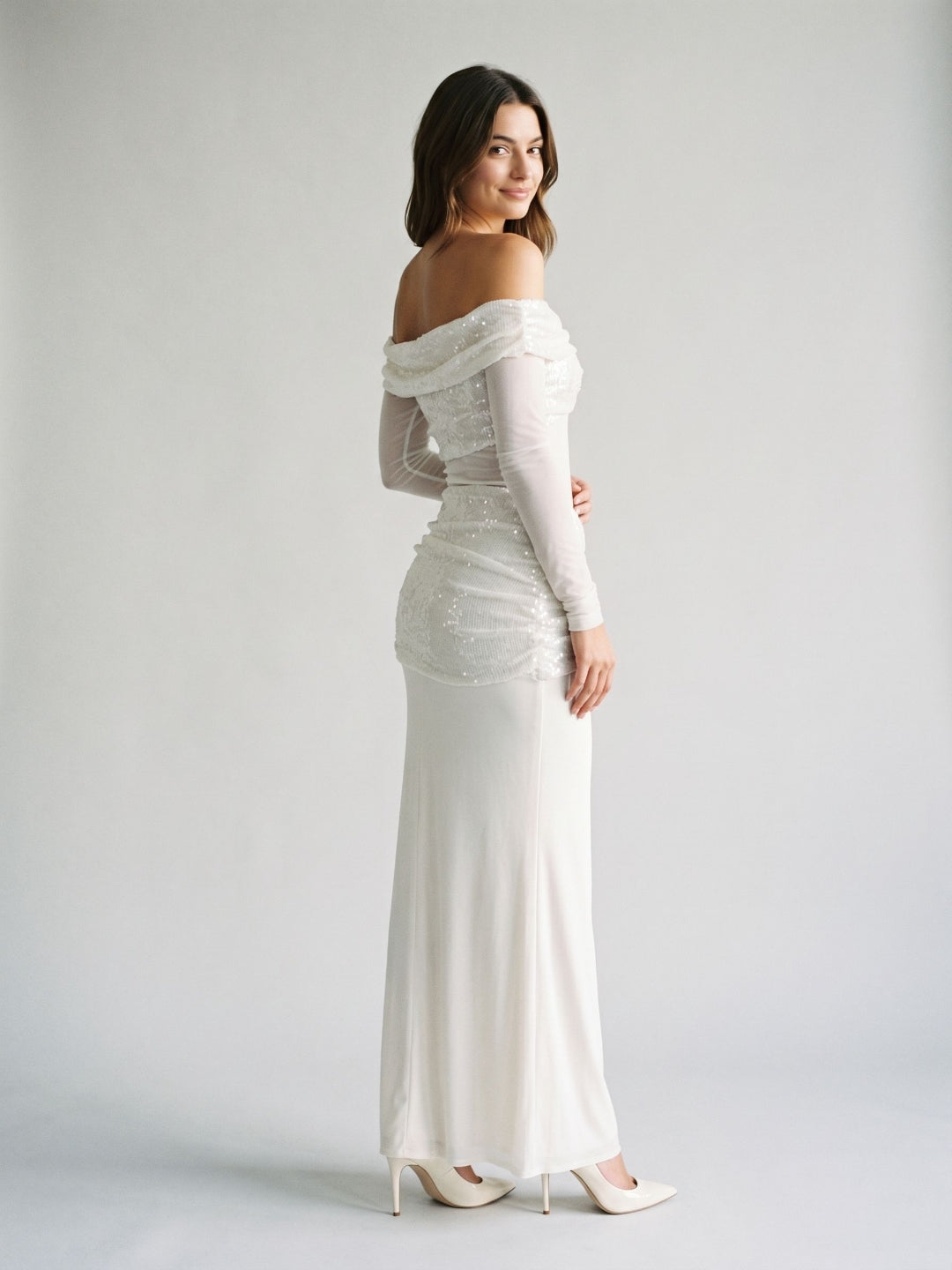 White Tulle Column Off-the-Shoulder Backless Floor-Length Formal Dress with Sequins