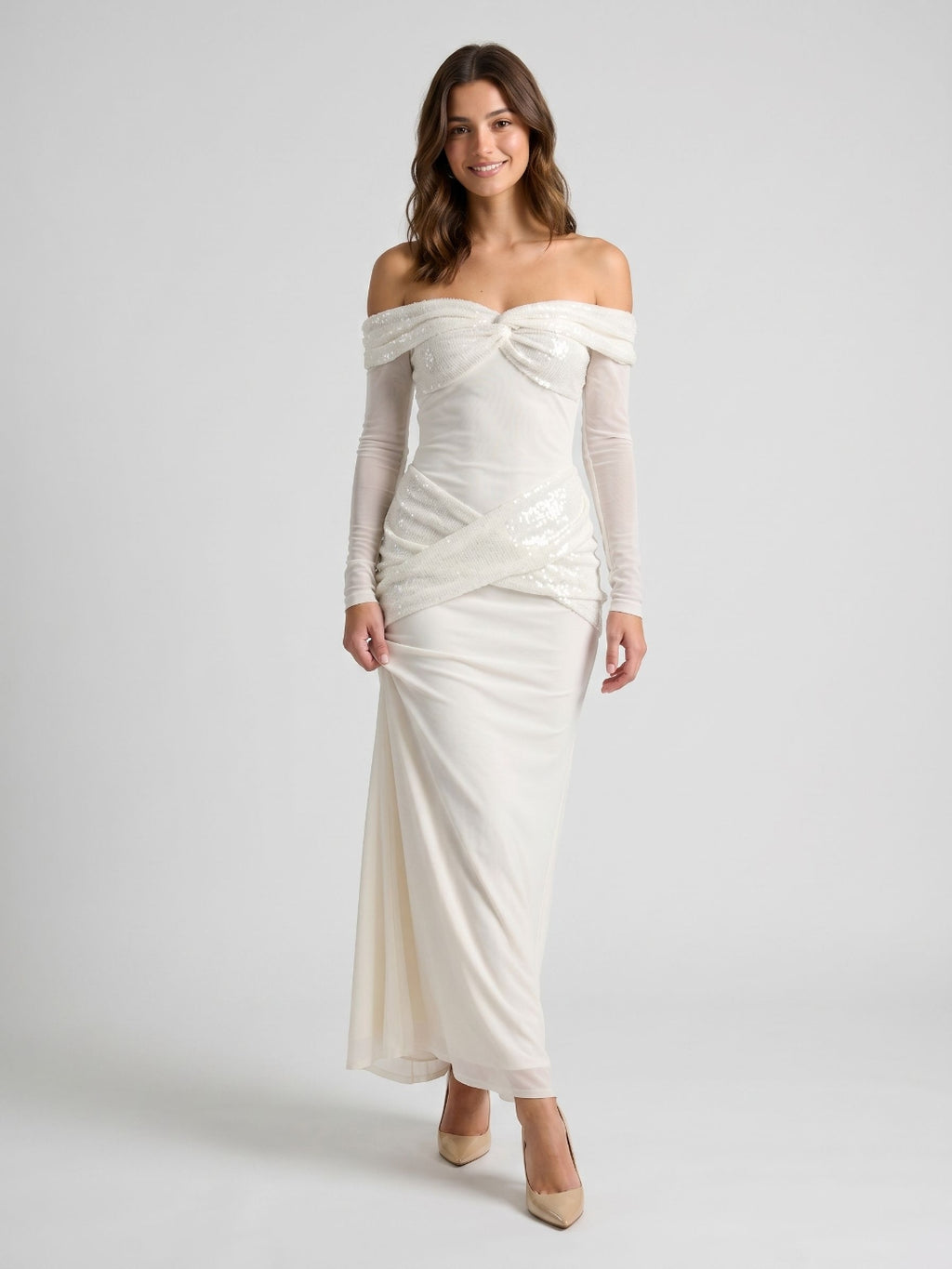 White Tulle Column Off-the-Shoulder Backless Floor-Length Formal Dress with Sequins
