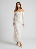 White Tulle Column Off-the-Shoulder Backless Floor-Length Formal Dress with Sequins