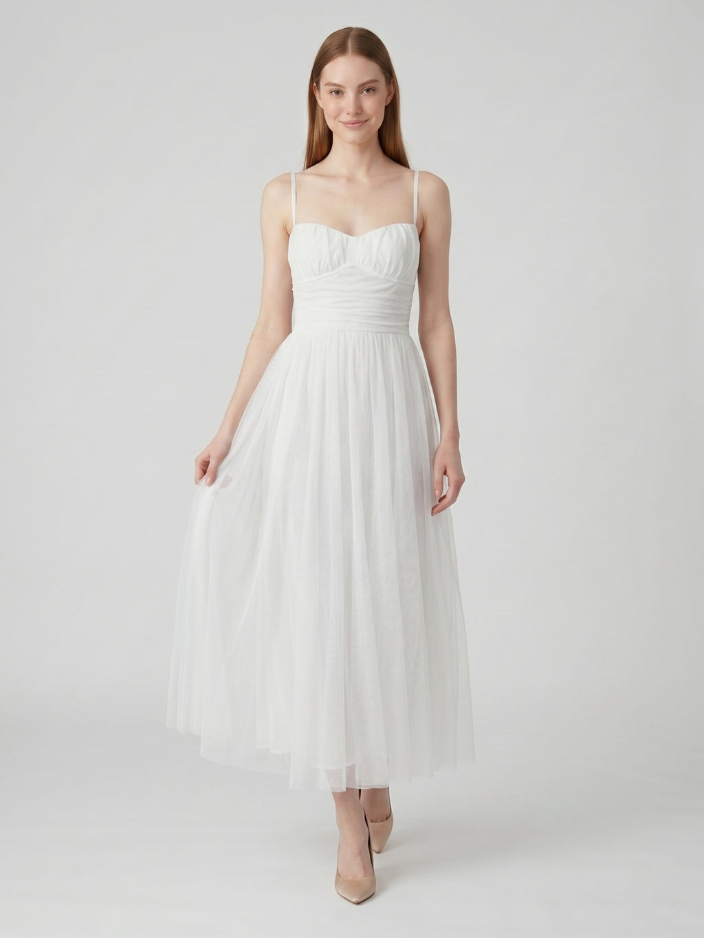 White Tulle A-Line Straight Neck Backless Ankle-Length Bridesmaid Dress