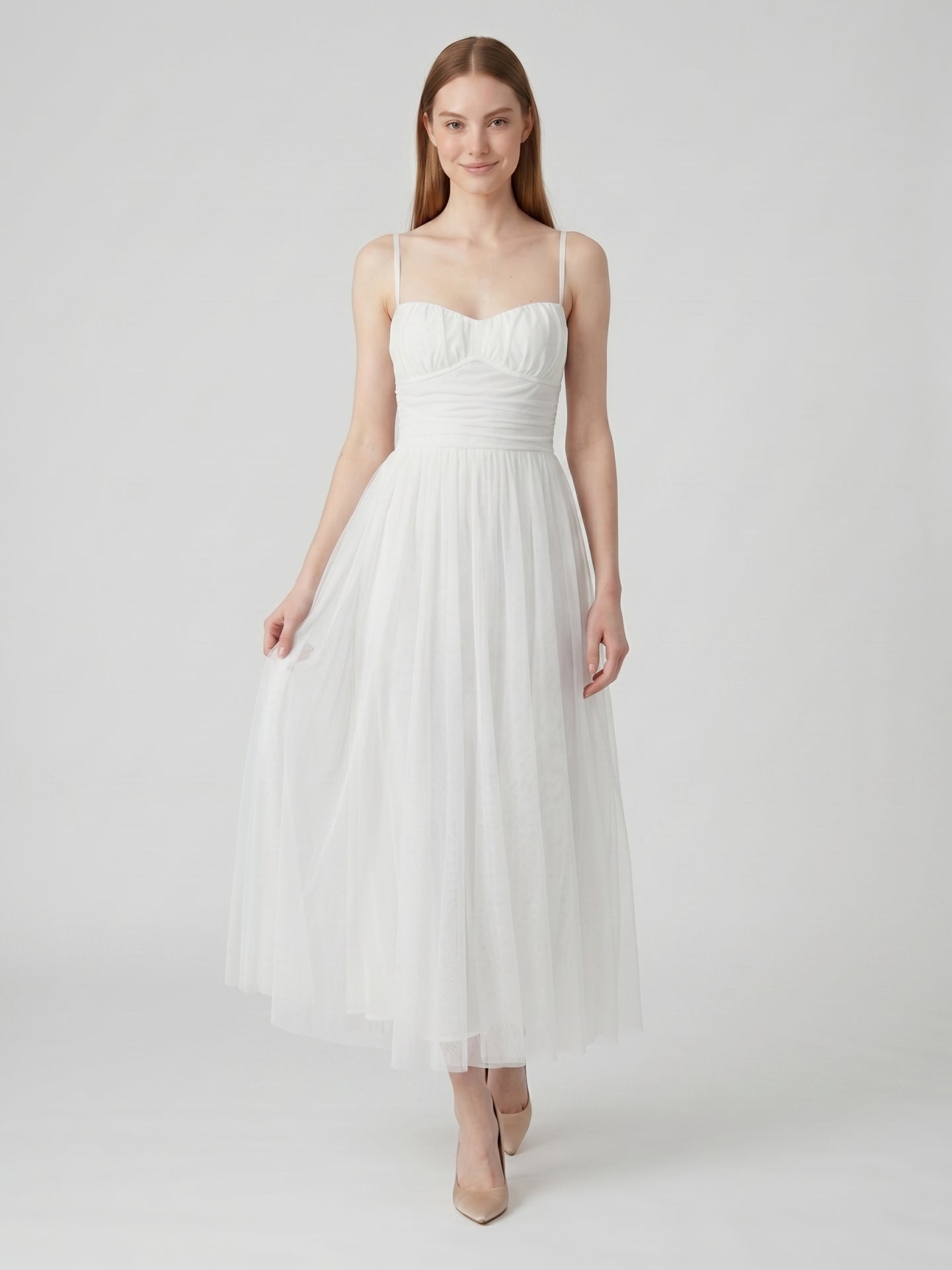 White Tulle A-Line Straight Neck Backless Ankle-Length Bridesmaid Dress