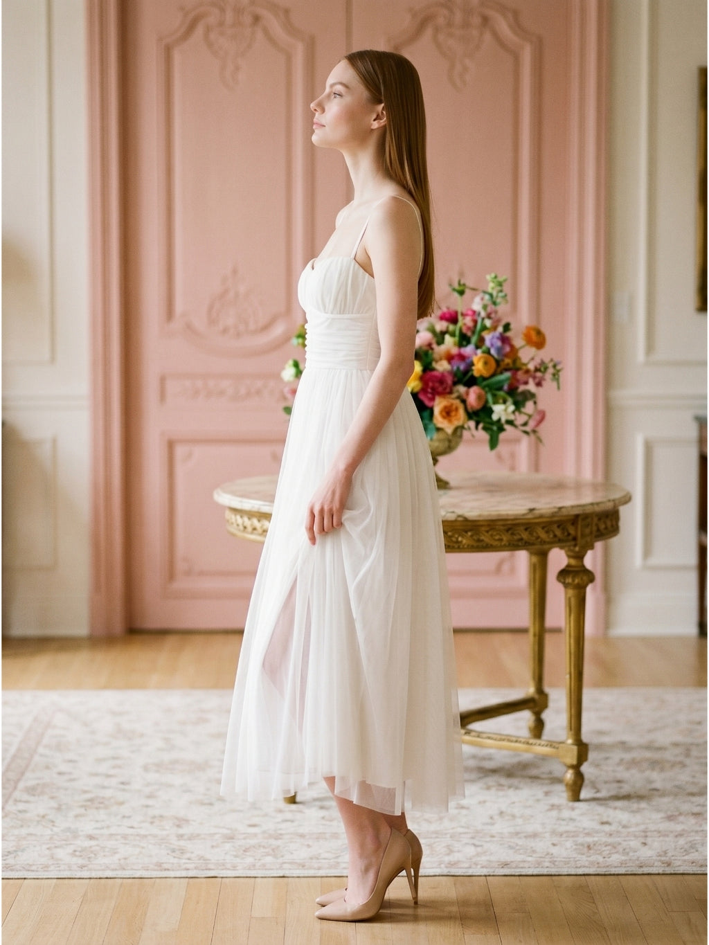 White Tulle A-Line Straight Neck Backless Ankle-Length Bridesmaid Dress