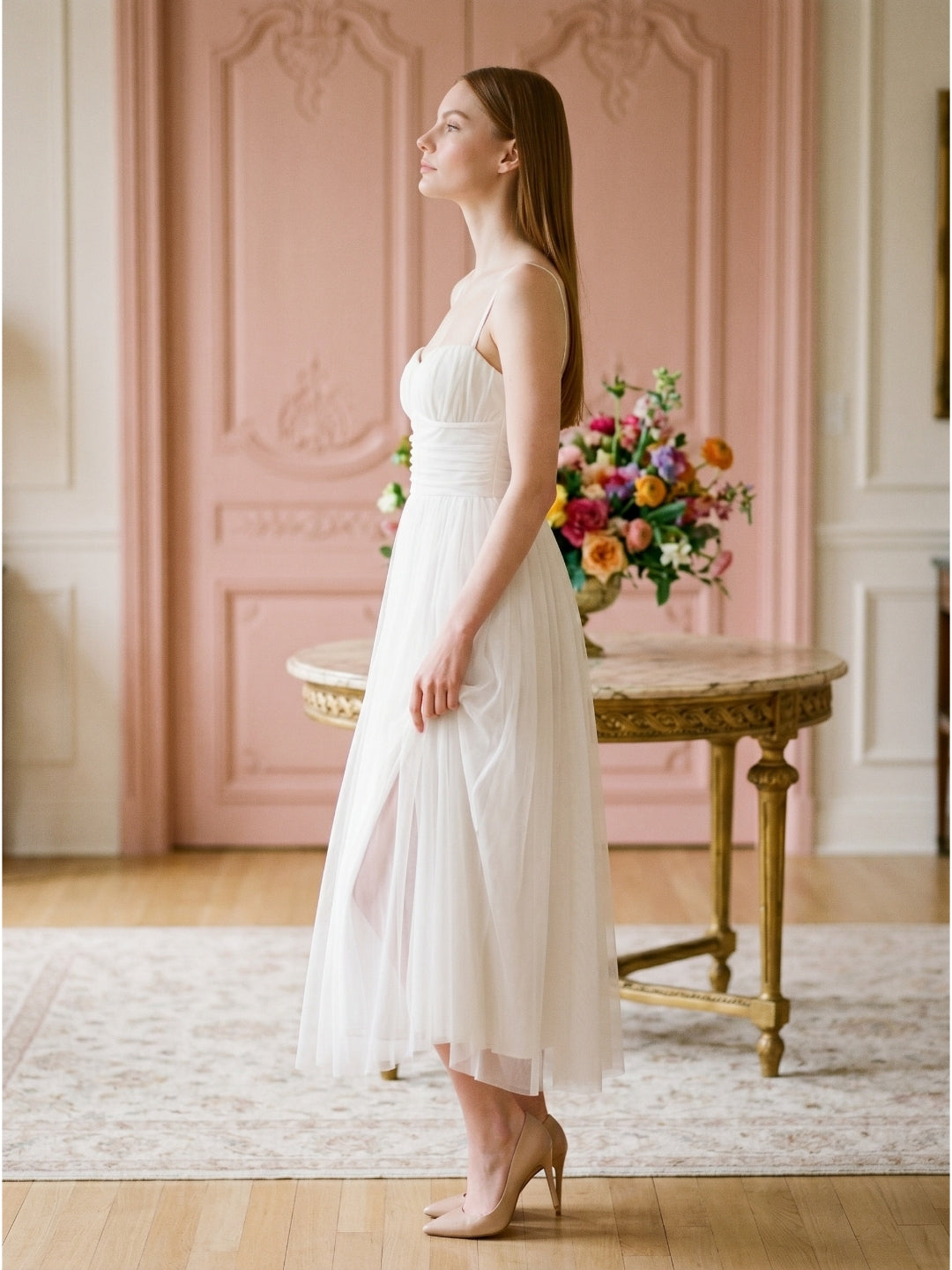 White Tulle A-Line Straight Neck Backless Ankle-Length Bridesmaid Dress