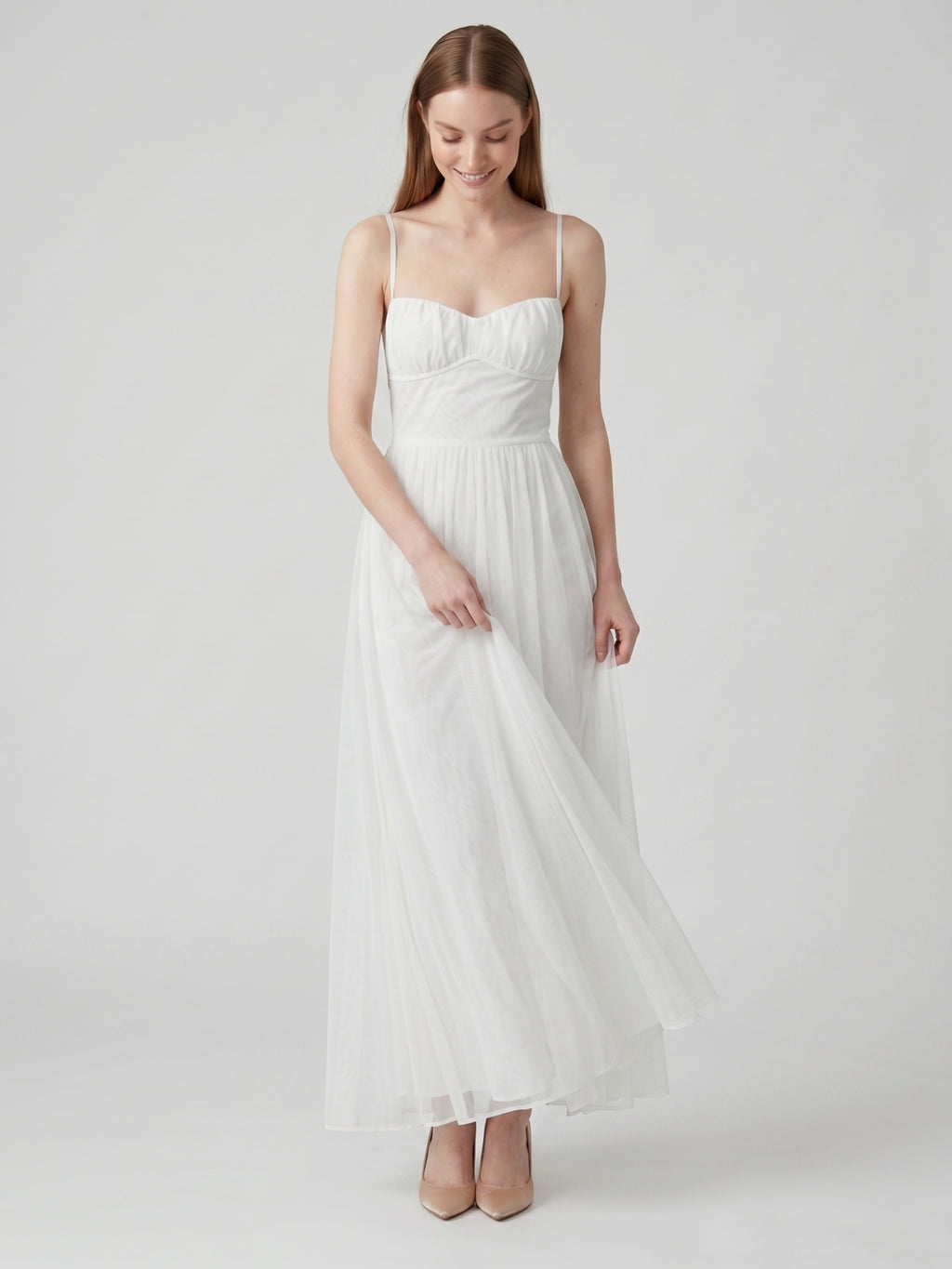 White Tulle A-Line Straight Neck Backless Ankle-Length Bridesmaid Dress