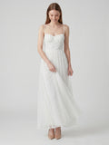 White Tulle A-Line Straight Neck Backless Ankle-Length Bridesmaid Dress