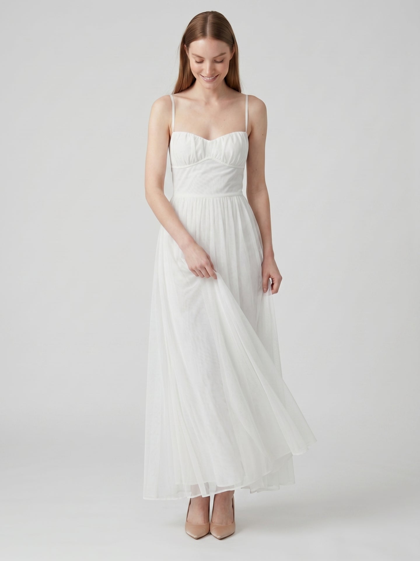 White Tulle A-Line Straight Neck Backless Ankle-Length Bridesmaid Dress
