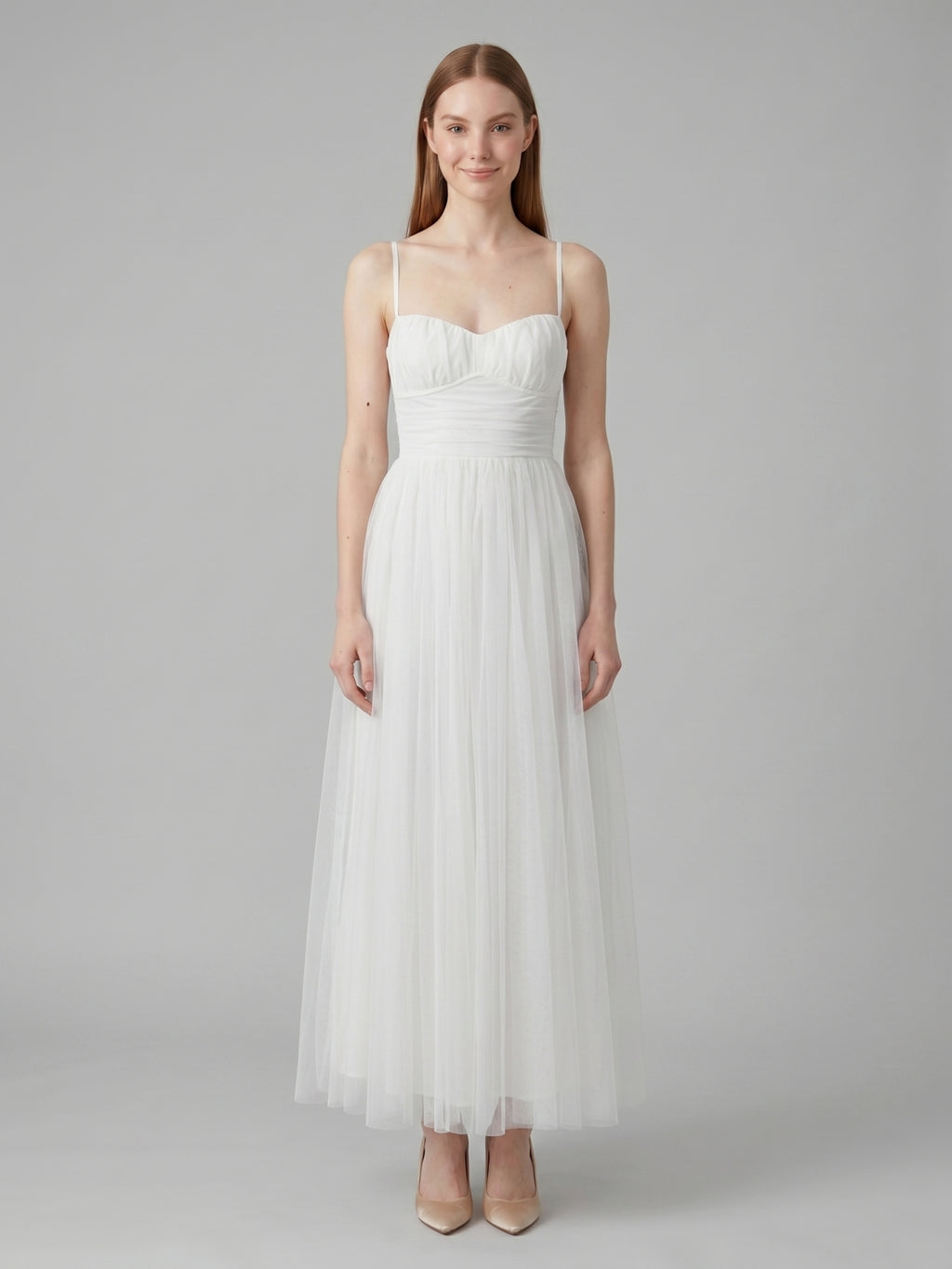 White Tulle A-Line Straight Neck Backless Ankle-Length Bridesmaid Dress