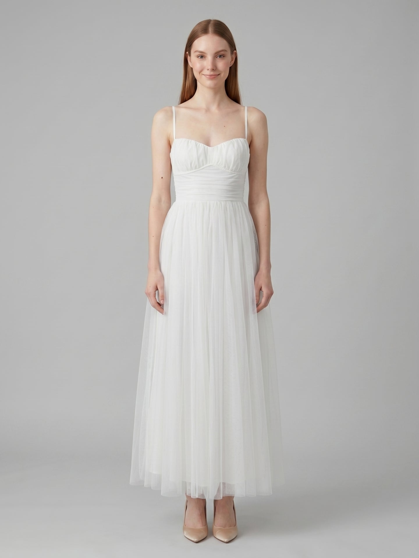 White Tulle A-Line Straight Neck Backless Ankle-Length Bridesmaid Dress