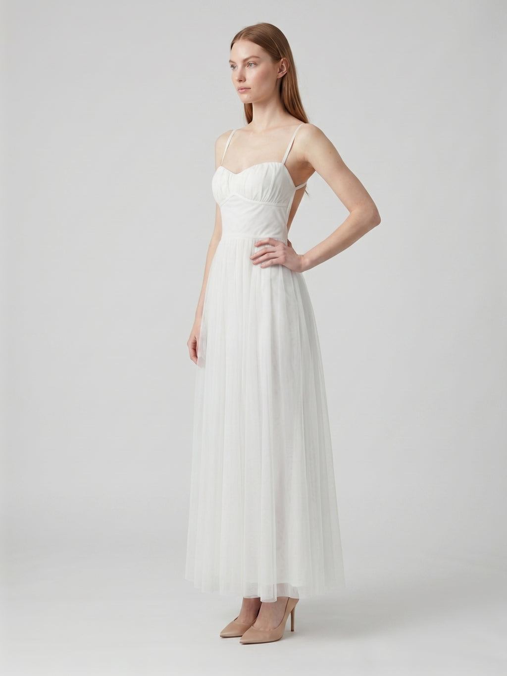 White Tulle A-Line Straight Neck Backless Ankle-Length Bridesmaid Dress