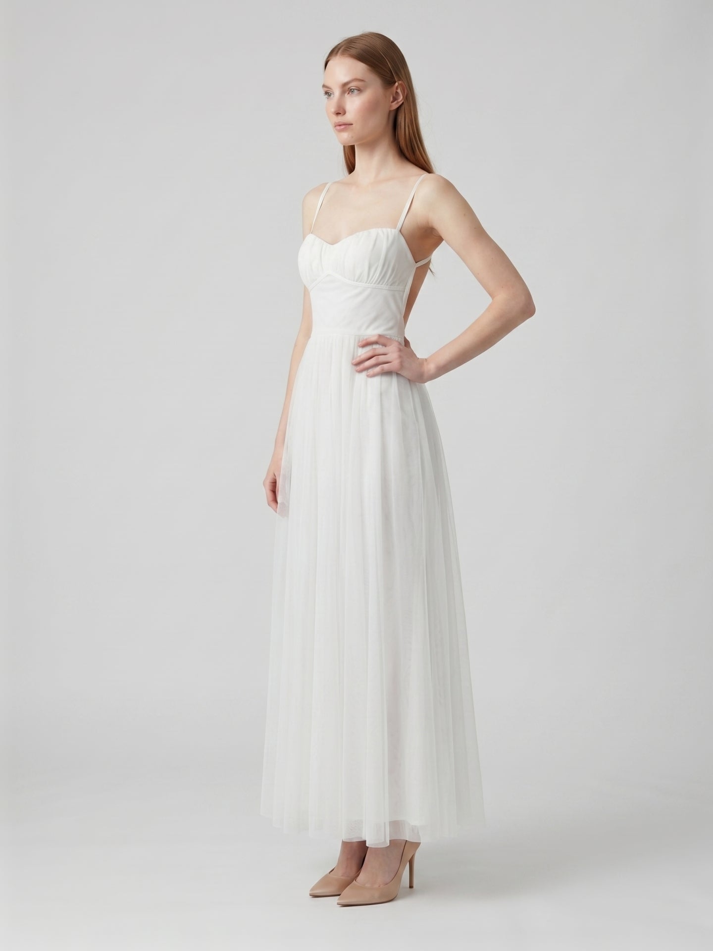 White Tulle A-Line Straight Neck Backless Ankle-Length Bridesmaid Dress