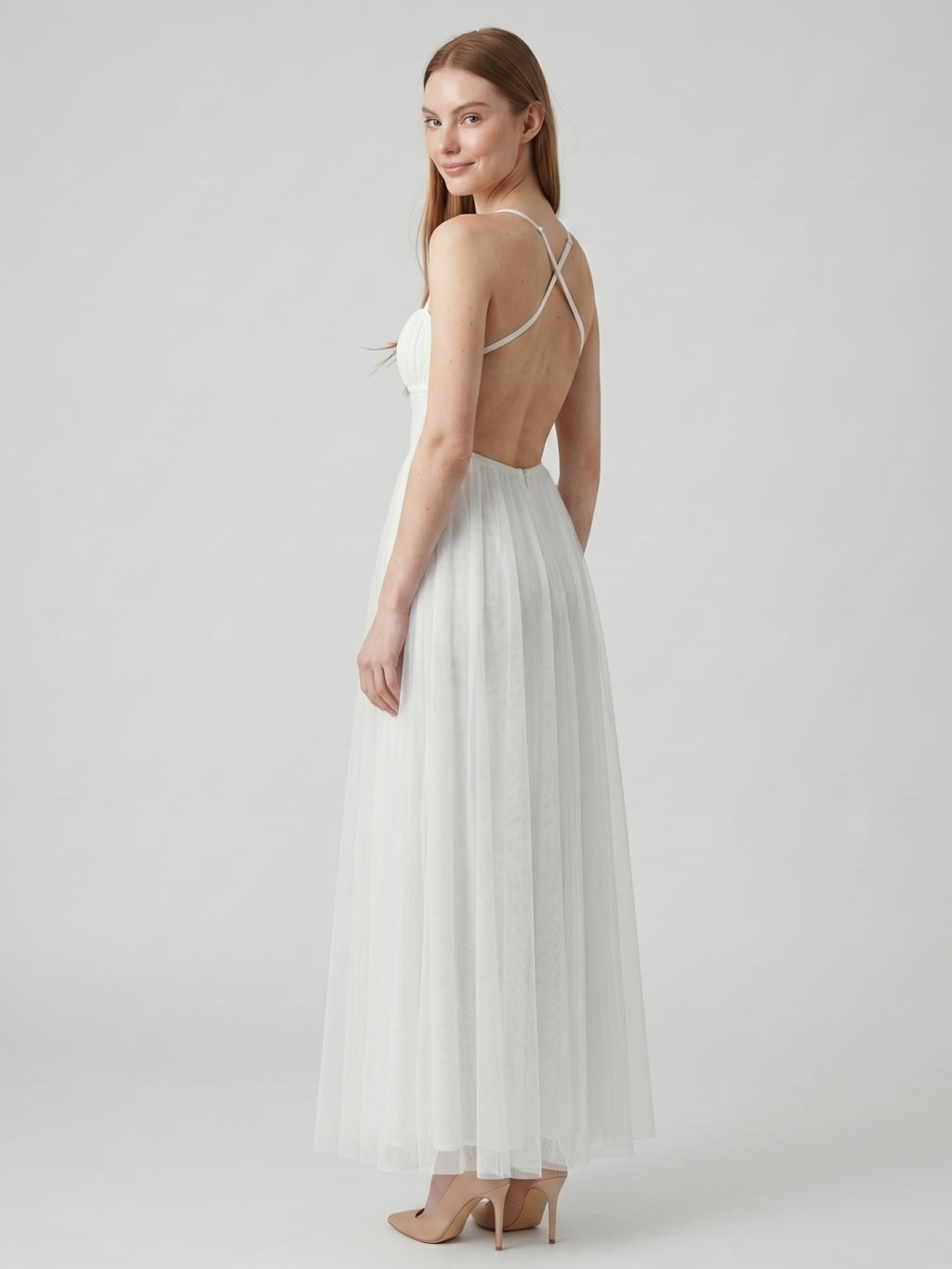 White Tulle A-Line Straight Neck Backless Ankle-Length Bridesmaid Dress