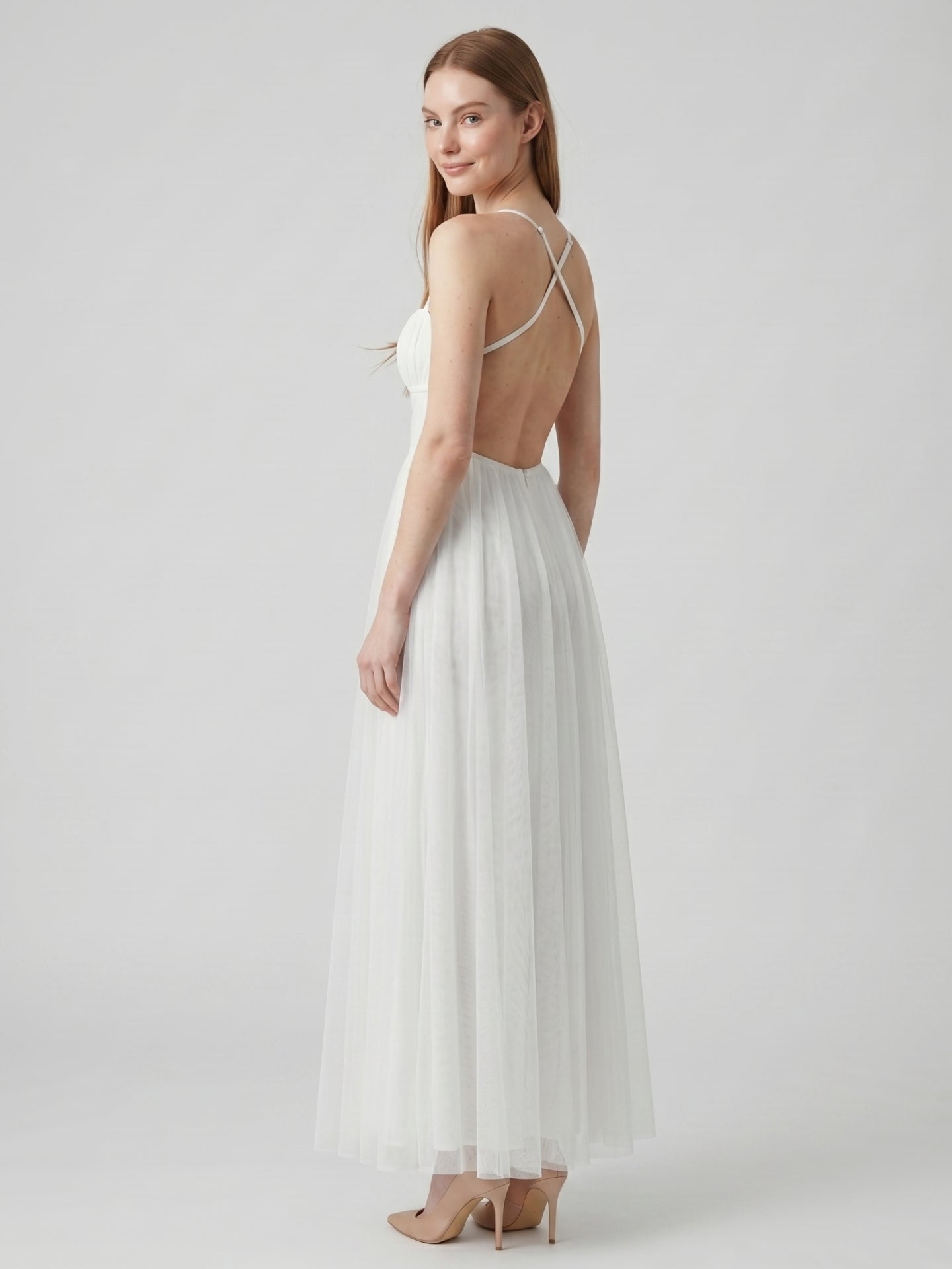 White Tulle A-Line Straight Neck Backless Ankle-Length Bridesmaid Dress