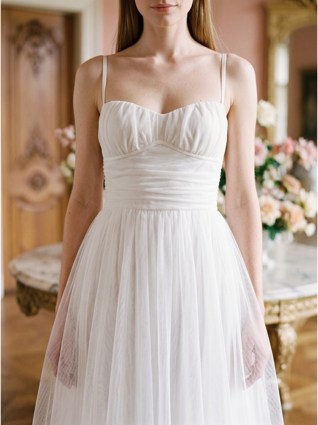 White Tulle A-Line Straight Neck Backless Ankle-Length Bridesmaid Dress