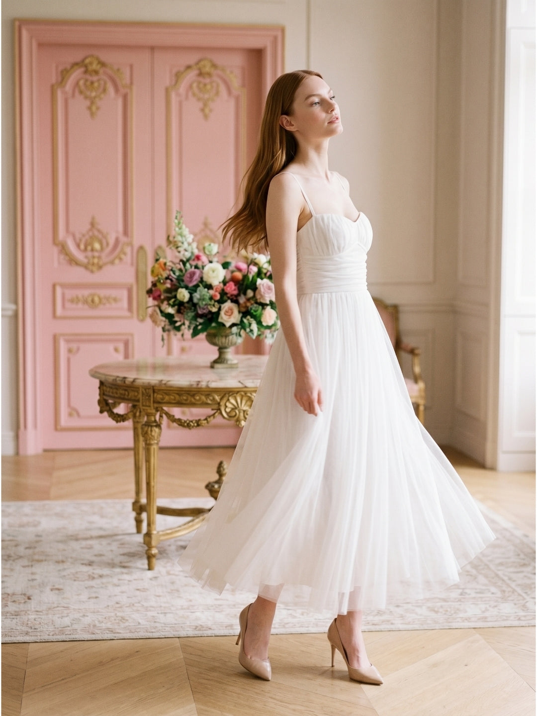 White Tulle A-Line Straight Neck Backless Ankle-Length Bridesmaid Dress