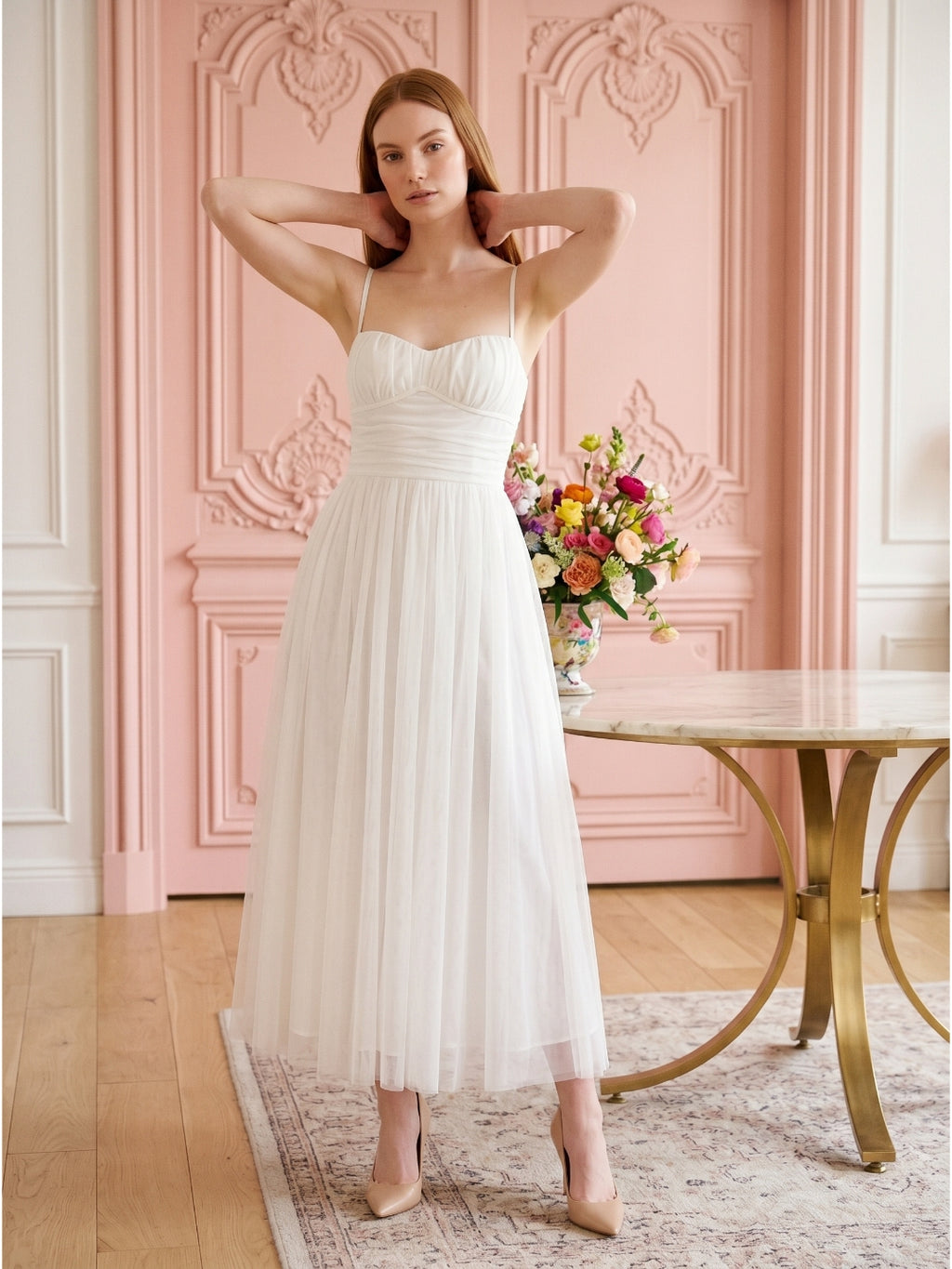 White Tulle A-Line Straight Neck Backless Ankle-Length Bridesmaid Dress