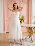 White Tulle A-Line Straight Neck Backless Ankle-Length Bridesmaid Dress