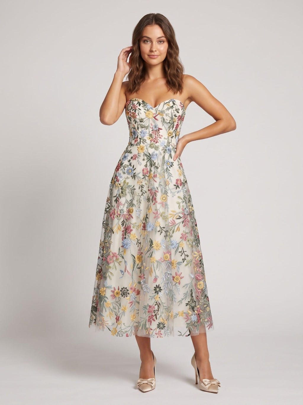 Mauve Floral Tulle A-Line Sweetheart Zipper Back Midi Dress